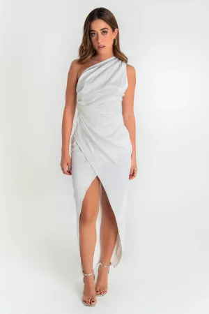 Vestido maxi satinado cruzado de un hombro