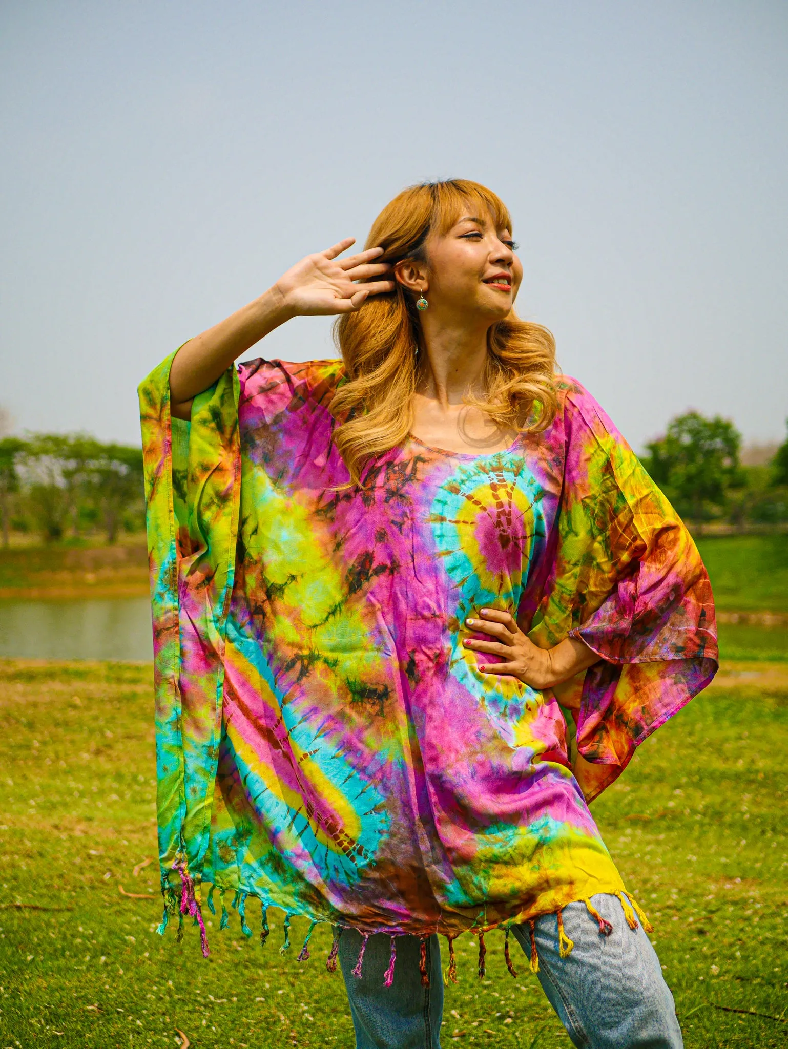 Vibrant Horizon Poncho Hand Dyed Tunic Kaftan Blouse Oversize Top