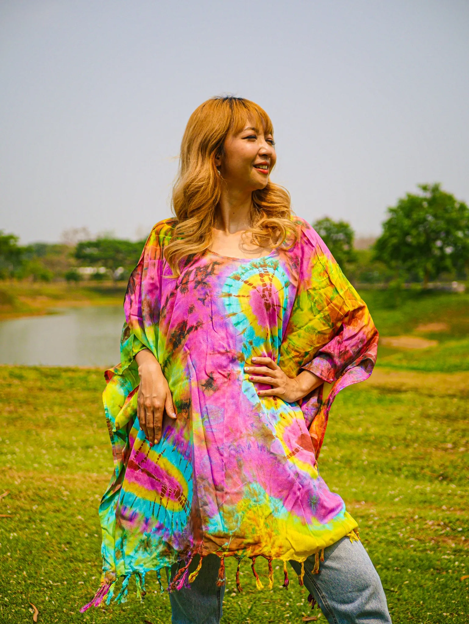 Vibrant Horizon Poncho Hand Dyed Tunic Kaftan Blouse Oversize Top