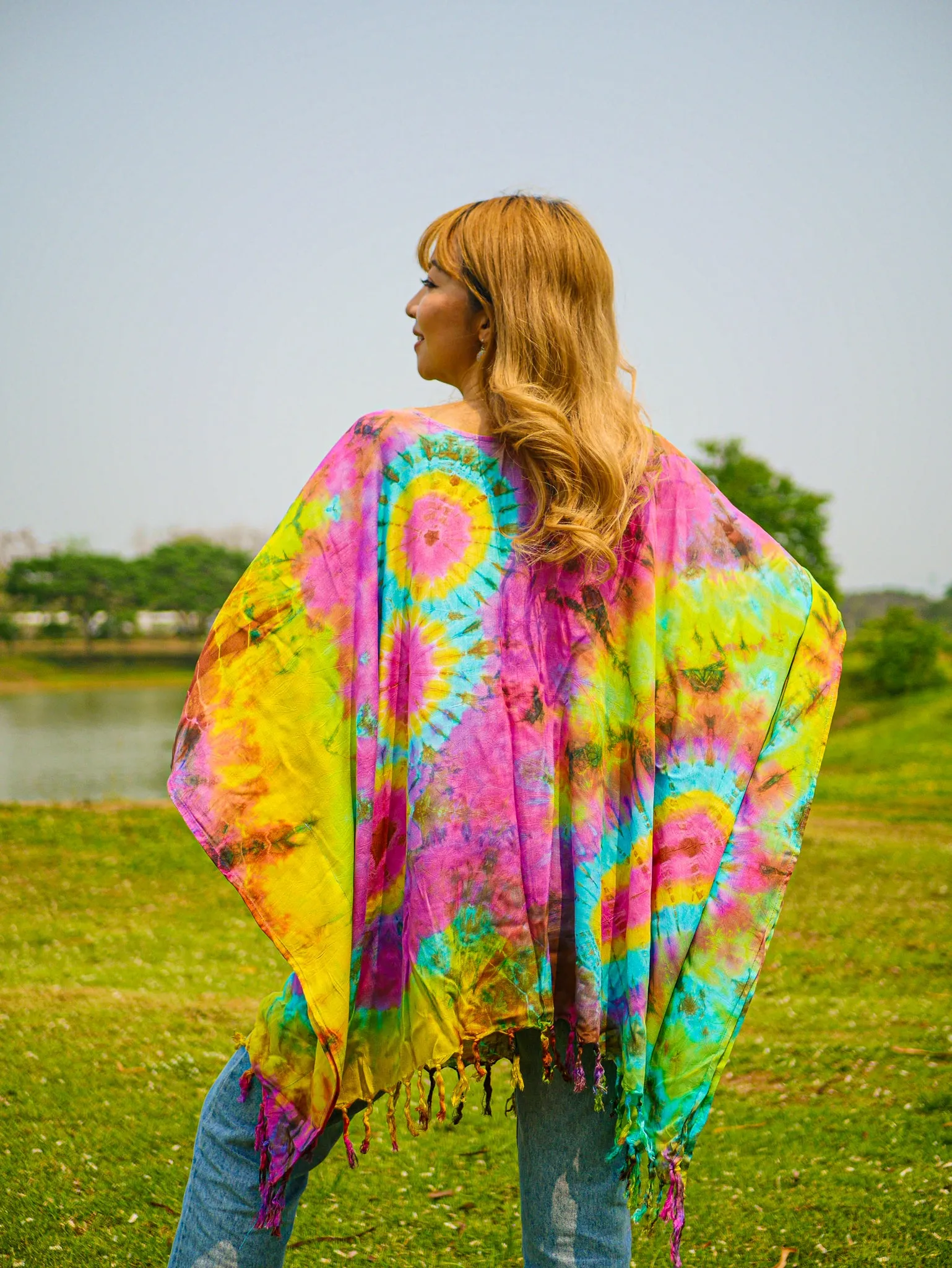 Vibrant Horizon Poncho Hand Dyed Tunic Kaftan Blouse Oversize Top