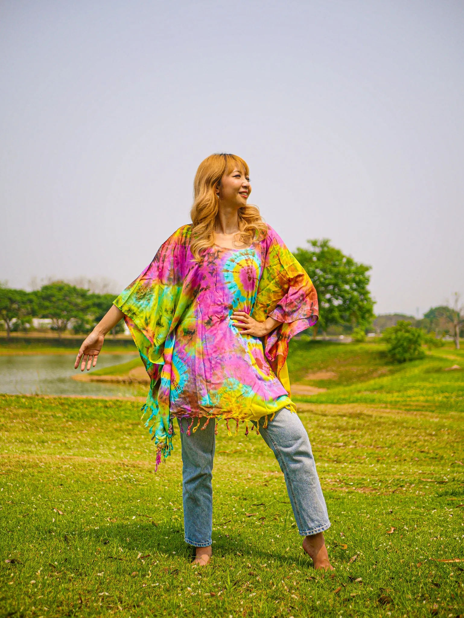 Vibrant Horizon Poncho Hand Dyed Tunic Kaftan Blouse Oversize Top