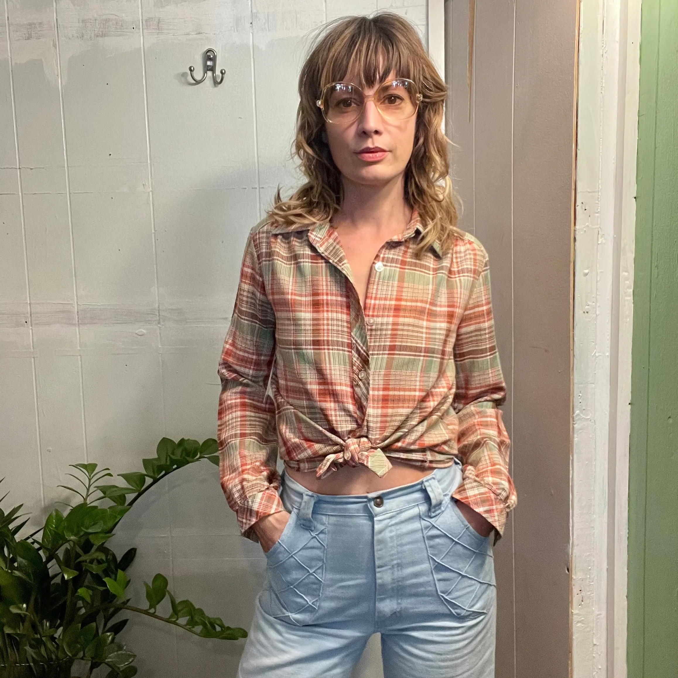 Vintage 70s / 80s College Town Plaid Blouse // Sz Small Medium (HT23122)