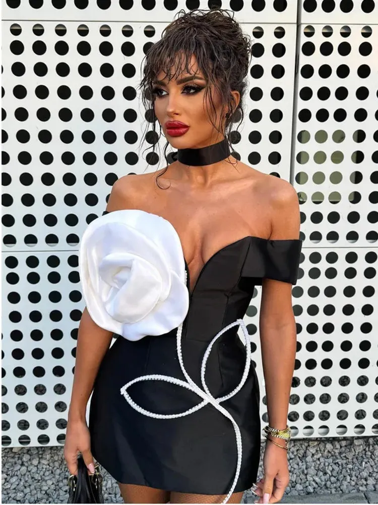 White Flower Black Mini Bodycon Bandage Dress