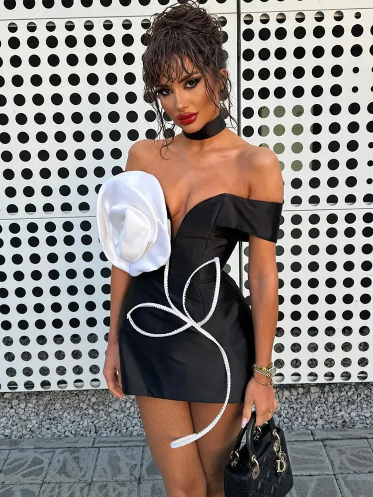 White Flower Black Mini Bodycon Bandage Dress