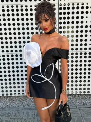 White Flower Black Mini Bodycon Bandage Dress