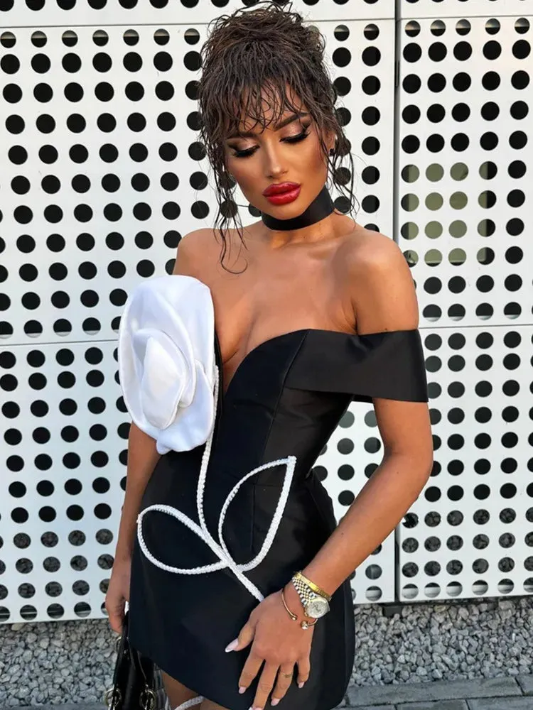 White Flower Black Mini Bodycon Bandage Dress