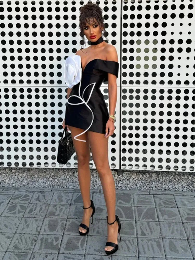 White Flower Black Mini Bodycon Bandage Dress