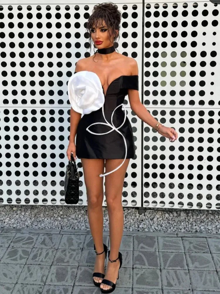 White Flower Black Mini Bodycon Bandage Dress