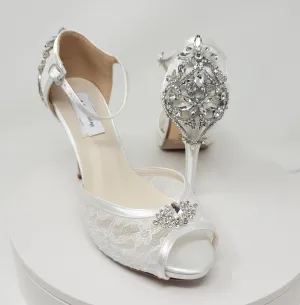 White Lace Bridal Shoes with Crystal Front and Heel Design