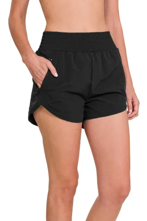 WINDBREAKER SMOCKED WAISTBAND RUNNING SHORTS-BLACK