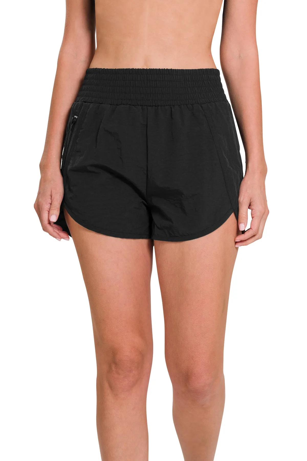 WINDBREAKER SMOCKED WAISTBAND RUNNING SHORTS-BLACK