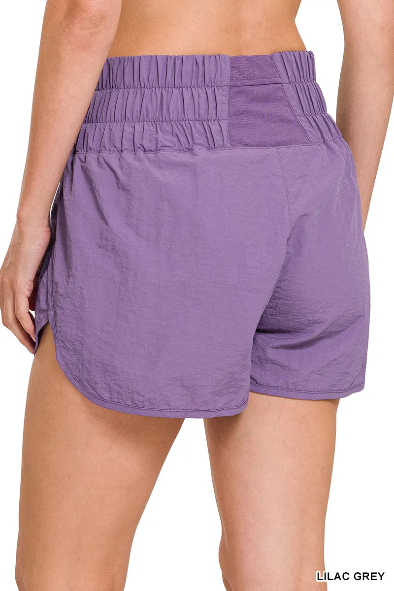WINDBREAKER SMOCKED WAISTBAND RUNNING SHORTS-LILAC GREY