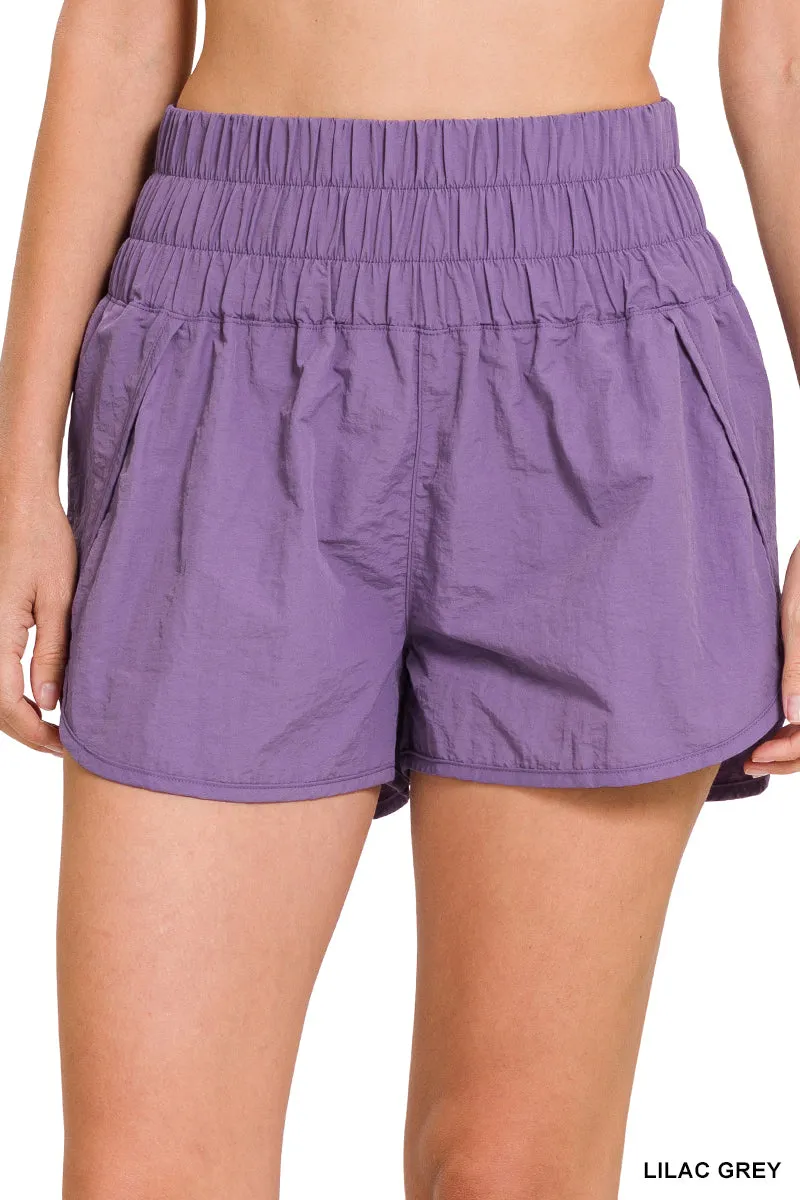 WINDBREAKER SMOCKED WAISTBAND RUNNING SHORTS-LILAC GREY