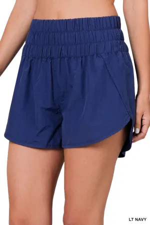 WINDBREAKER SMOCKED WAISTBAND RUNNING SHORTS-LT NAVY