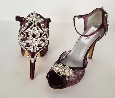 Wine Lace Bridal Shoes with Crystal Front and Back Design