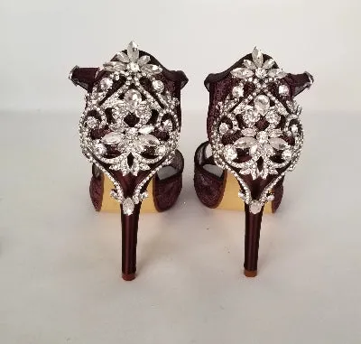 Wine Lace Bridal Shoes with Crystal Front and Back Design