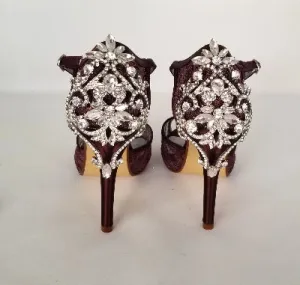 Wine Lace Bridal Shoes with Crystal Front and Back Design