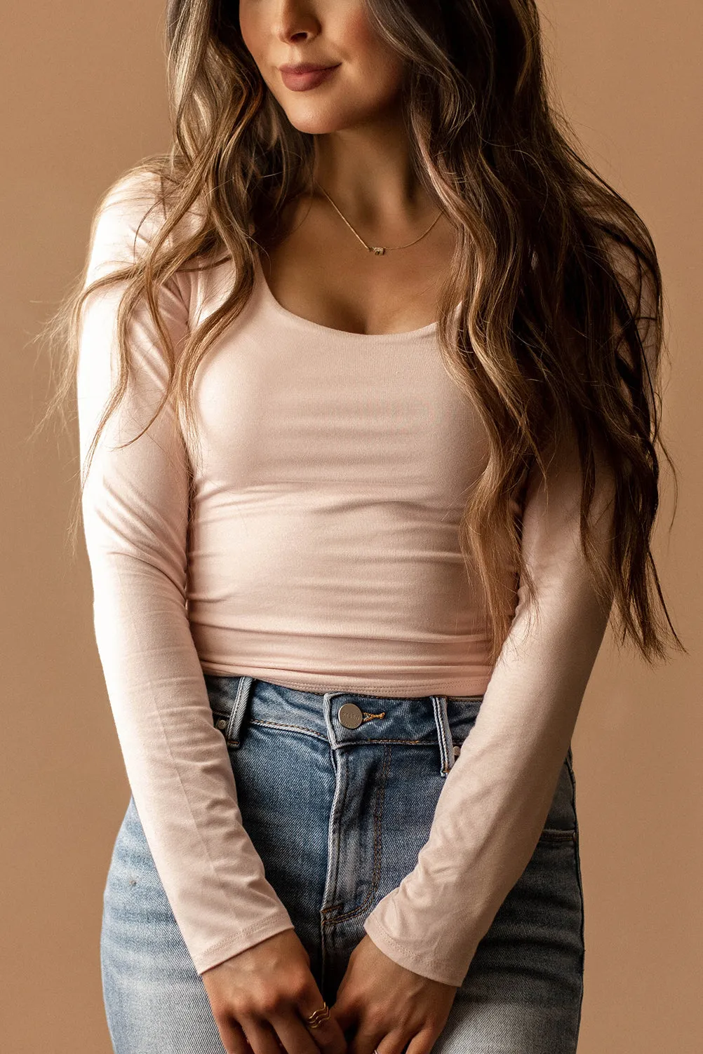 Wishful Double Layered Scoop-Neck Long Sleeve Top (Blush)