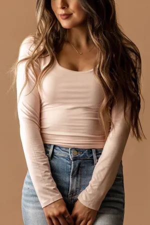 Wishful Double Layered Scoop-Neck Long Sleeve Top (Blush)