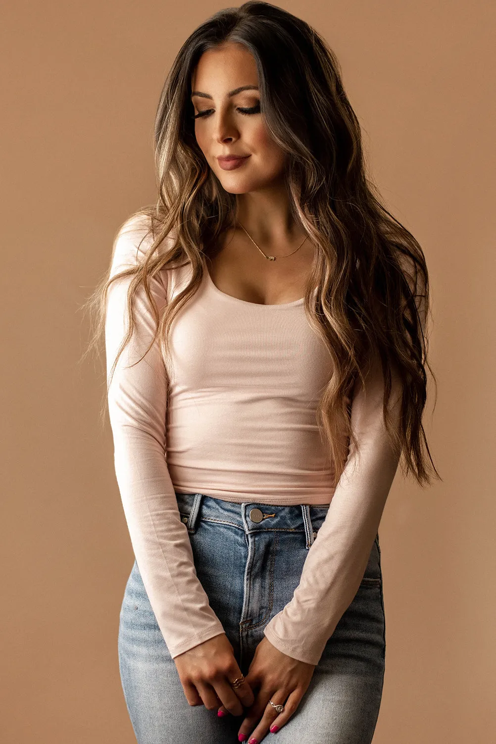Wishful Double Layered Scoop-Neck Long Sleeve Top (Blush)