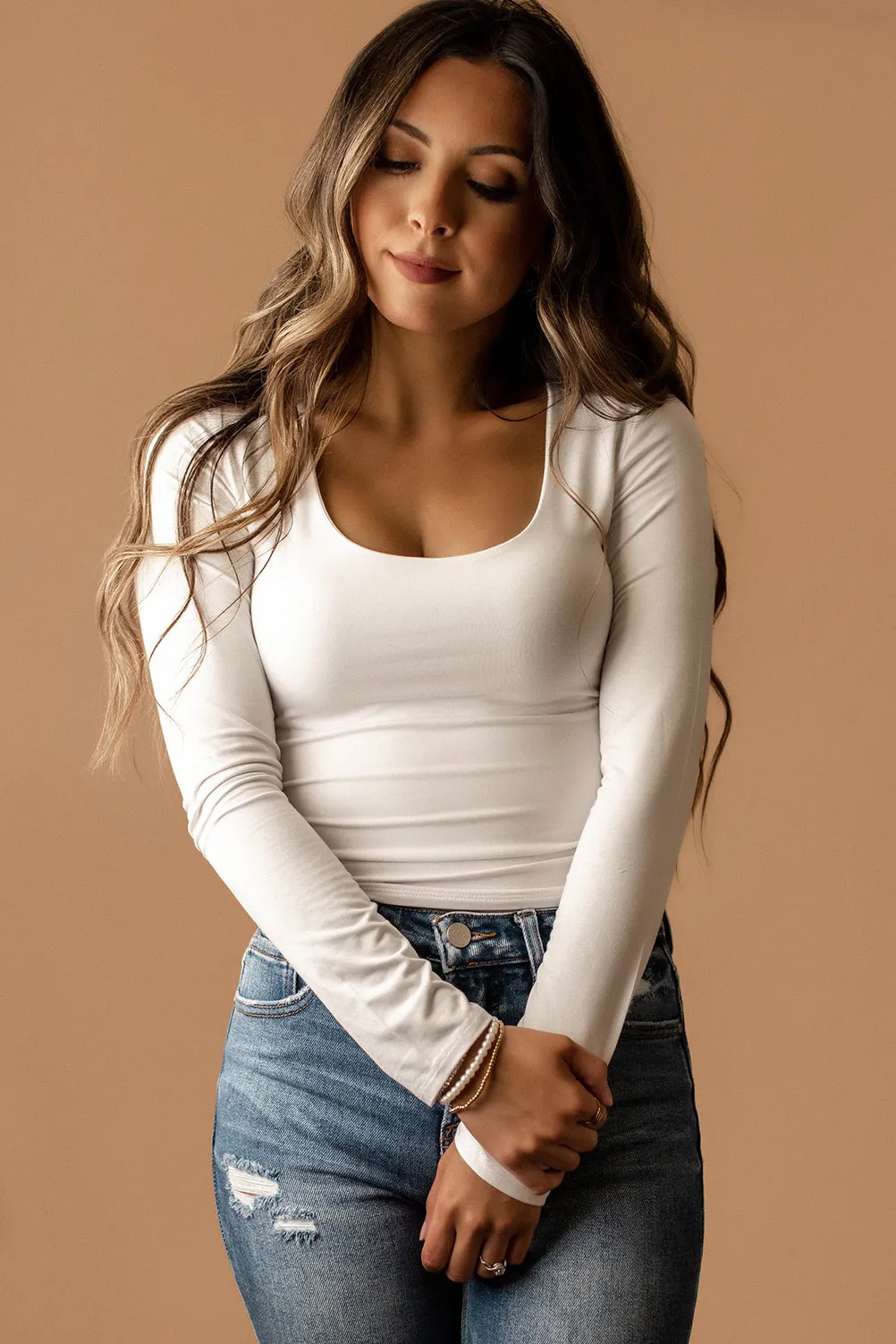 Wishful Double Layered Scoop-Neck Long Sleeve Top (White)