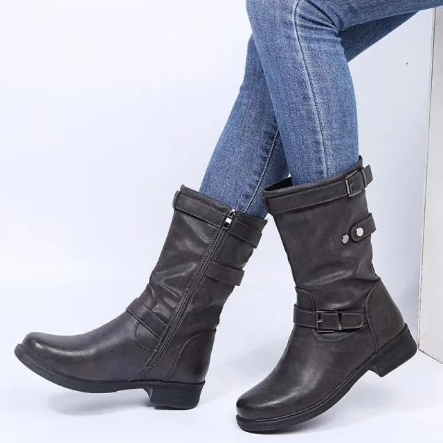 Women Buckle Mid-Calf Boots Female Low Square Heel Zipper Half Boots Woman Fall Winter Pu Flat Shoes Black Gray Size 43