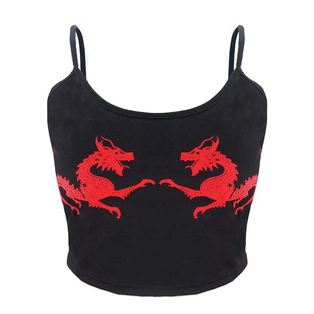 Women femme U Neck Fitness Casual Sexy Fashion Sleeveless Cropped Crop Tops Polyester Dragon Pattern vest