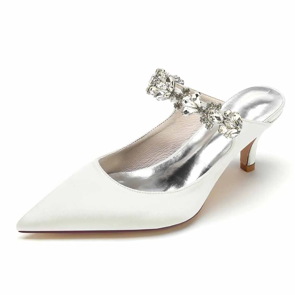 Women hand-made low heels party satin slippers with rhinestones