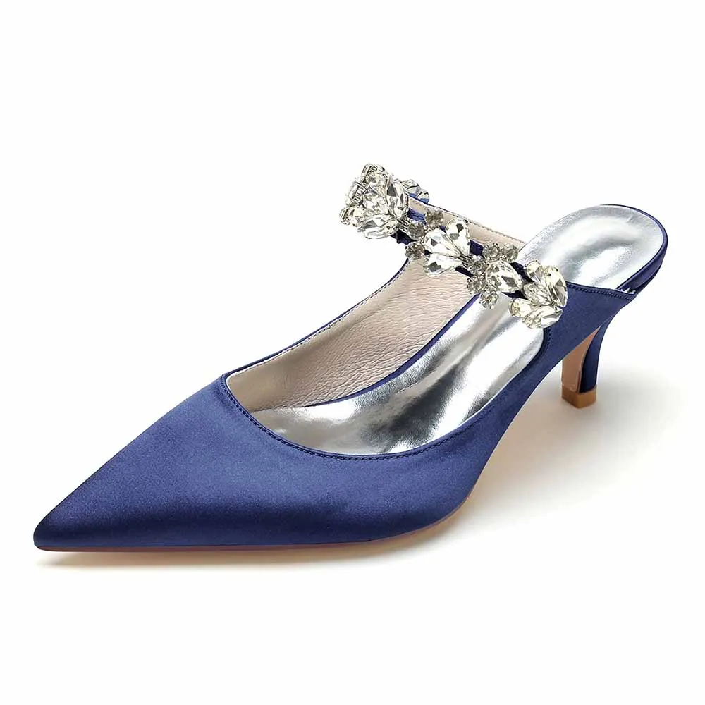 Women hand-made low heels party satin slippers with rhinestones