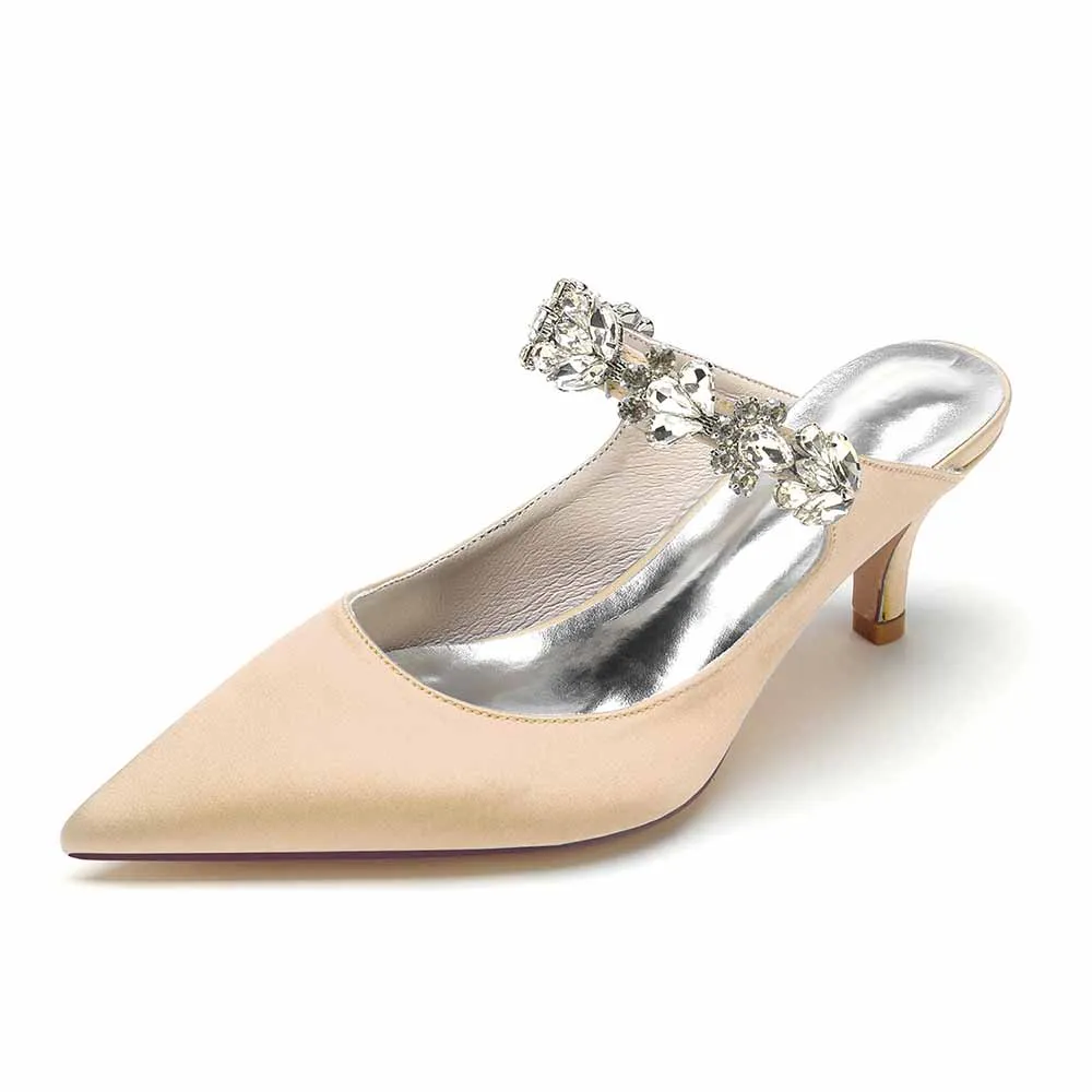 Women hand-made low heels party satin slippers with rhinestones