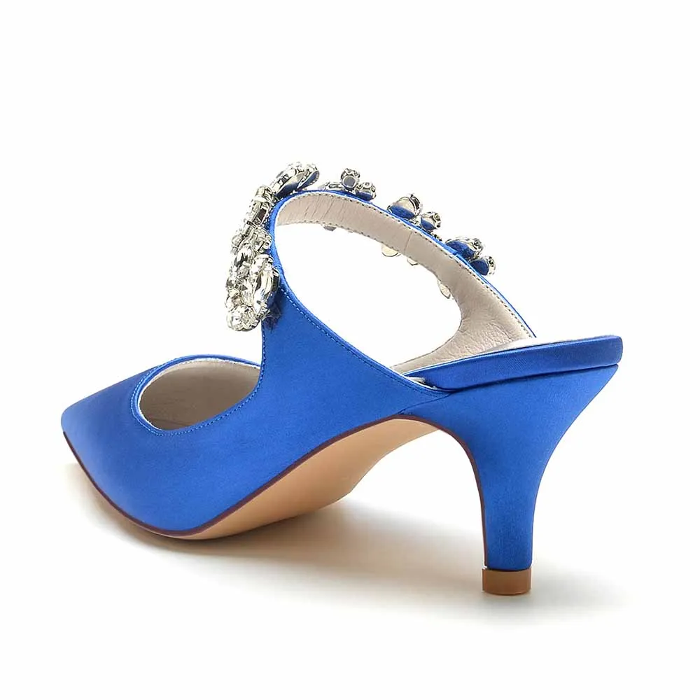 Women hand-made low heels party satin slippers with rhinestones