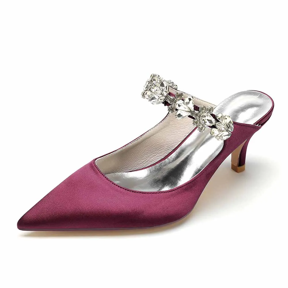 Women hand-made low heels party satin slippers with rhinestones