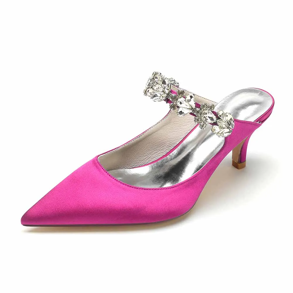 Women hand-made low heels party satin slippers with rhinestones