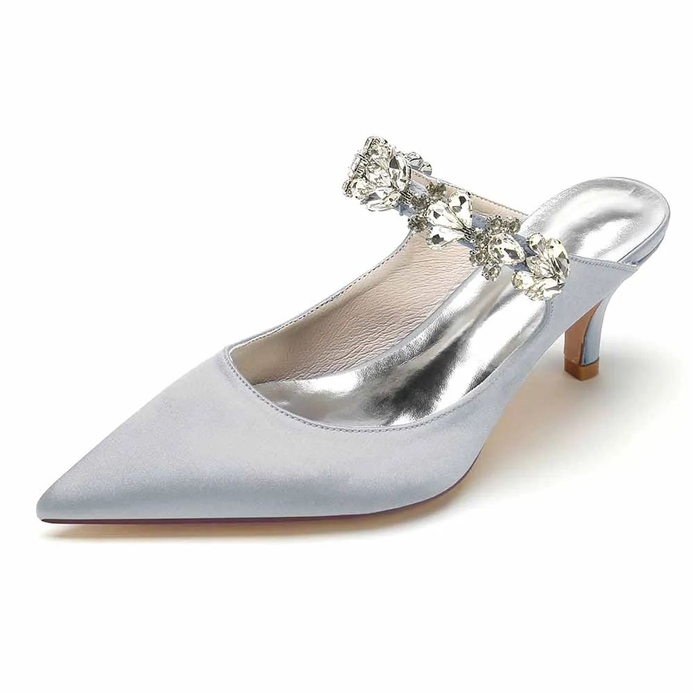 Women hand-made low heels party satin slippers with rhinestones
