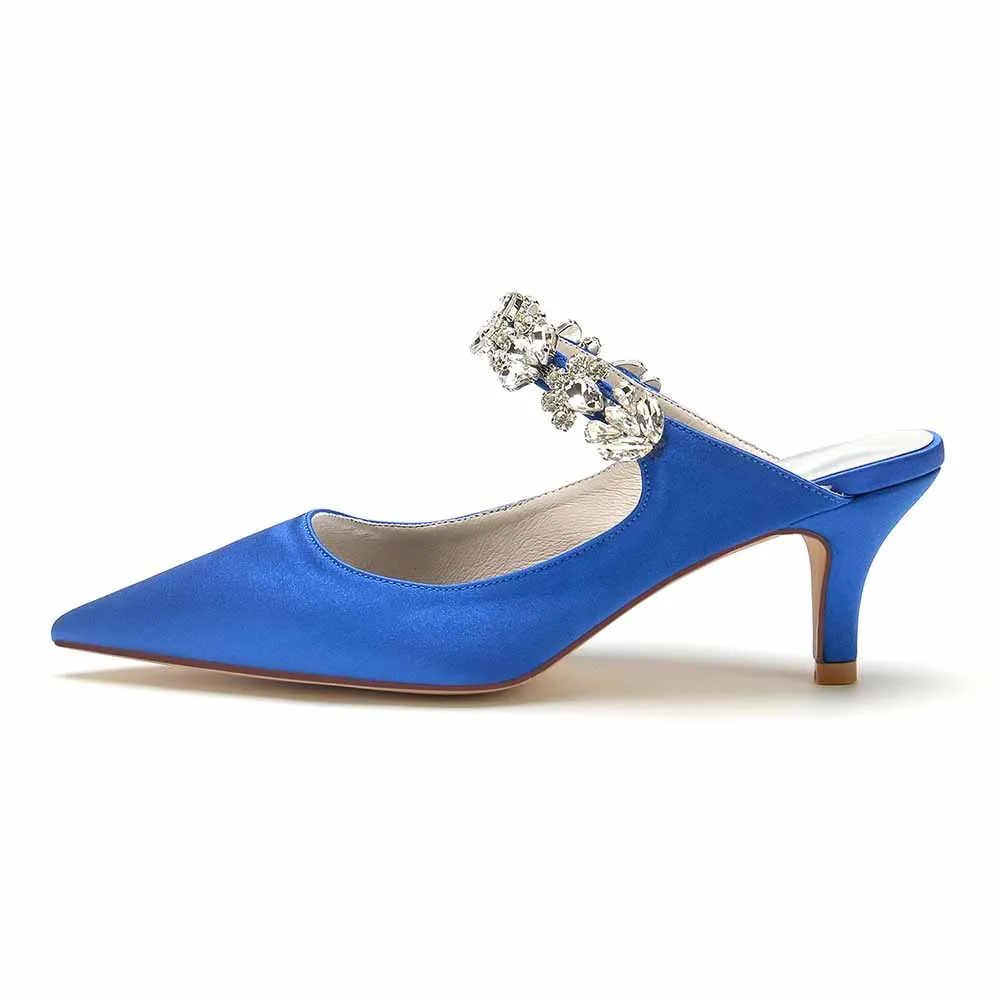 Women hand-made low heels party satin slippers with rhinestones