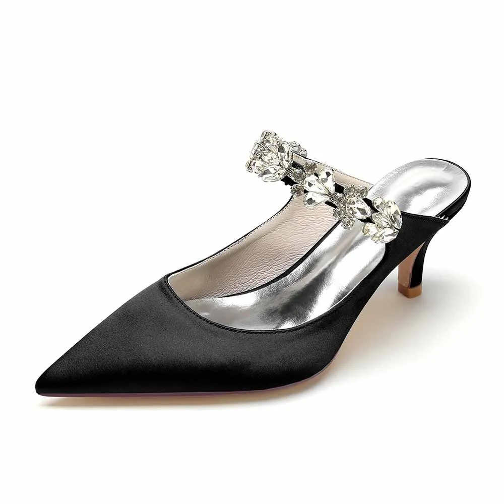 Women hand-made low heels party satin slippers with rhinestones
