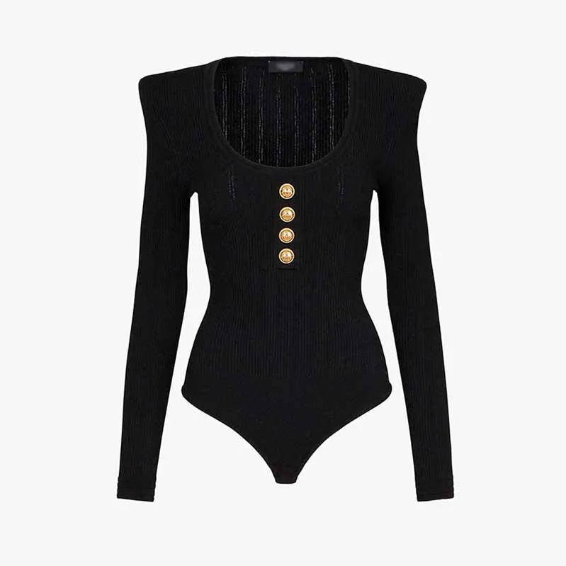 Women Ribbed Black Long Sleeve Bodysuit Tops One Piece Bodycon Jumpsuit