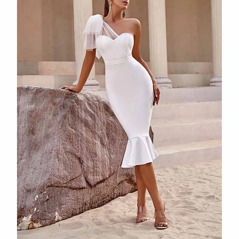 Women White One Shoulder Knitted Bodycon Party dress