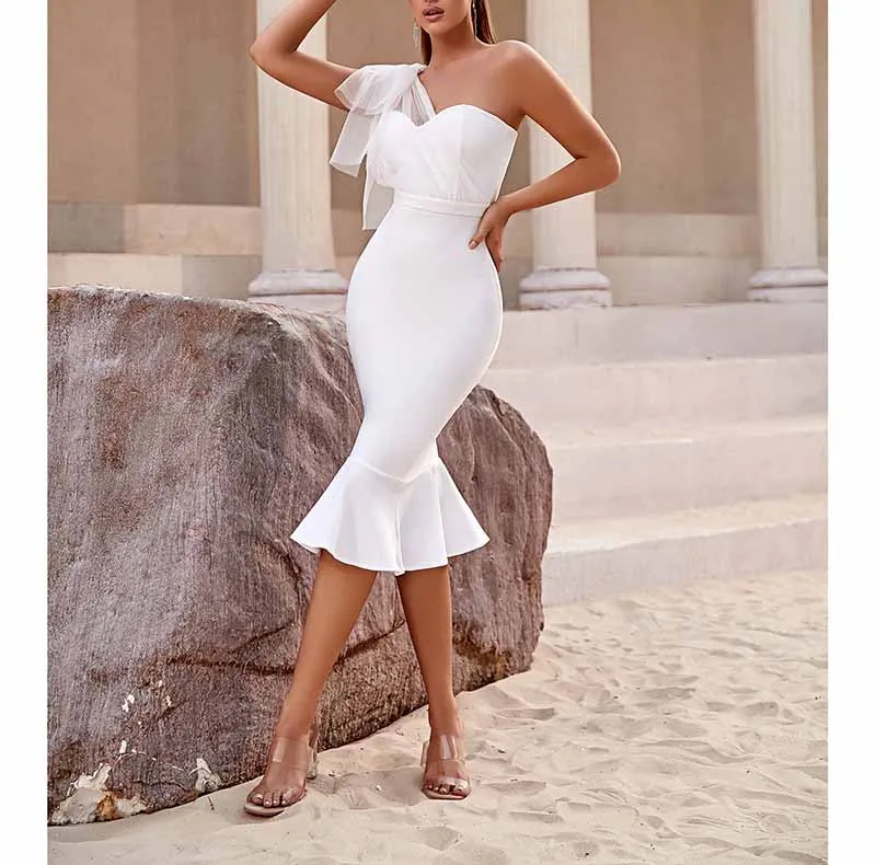 Women White One Shoulder Knitted Bodycon Party dress