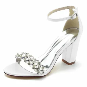 Women's Crystal Beads Chunky Heeled Sandals Satin Pump Prom Sandals
