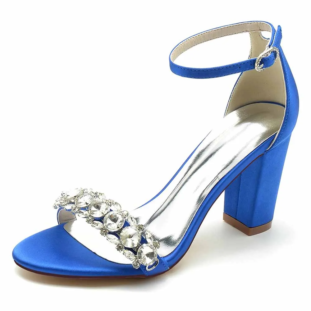 Women's Crystal Beads Chunky Heeled Sandals Satin Pump Prom Sandals