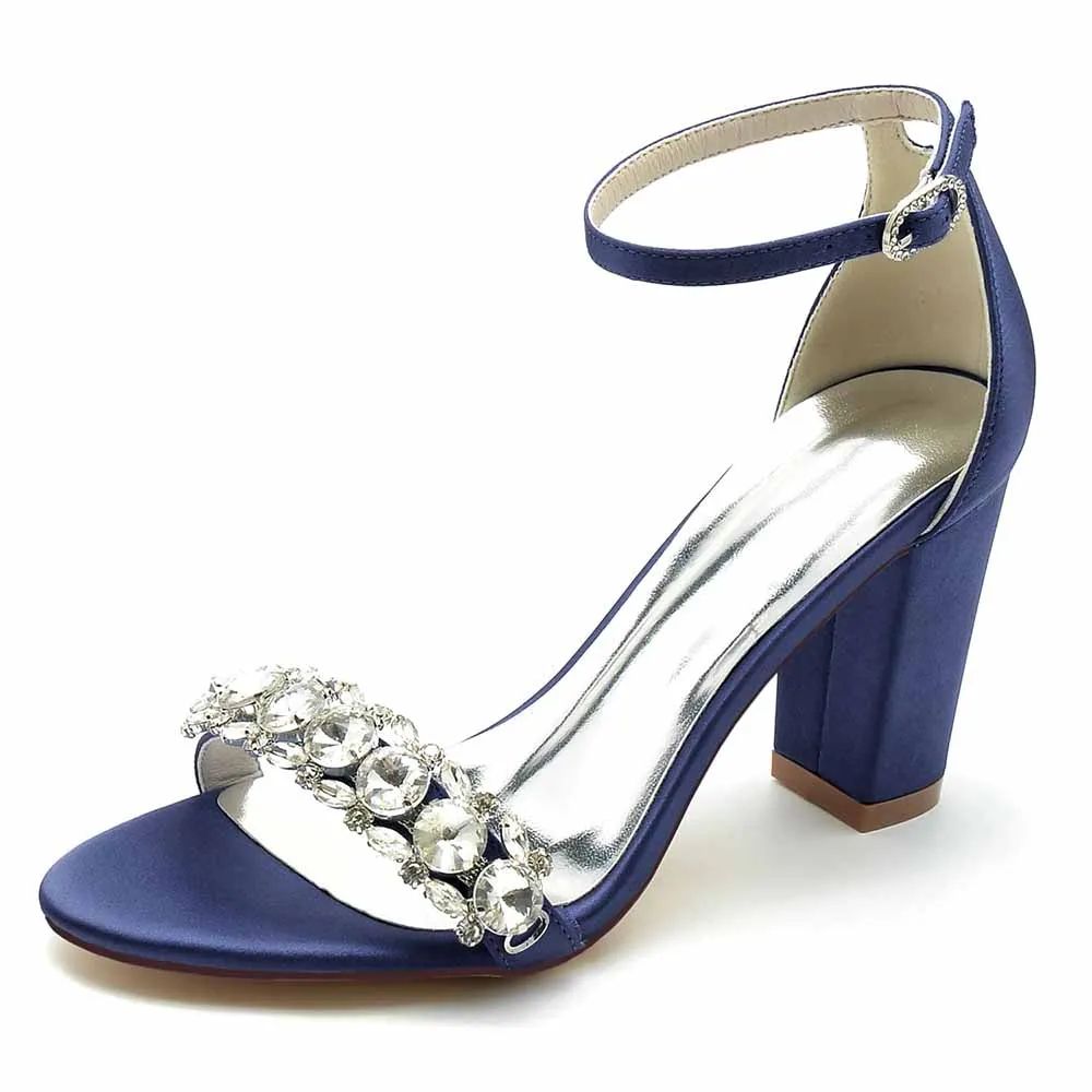 Women's Crystal Beads Chunky Heeled Sandals Satin Pump Prom Sandals