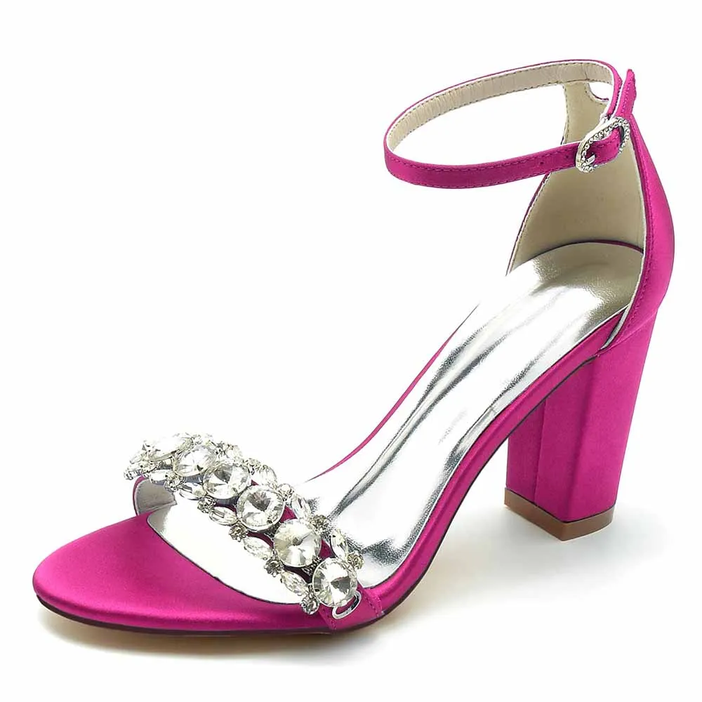 Women's Crystal Beads Chunky Heeled Sandals Satin Pump Prom Sandals