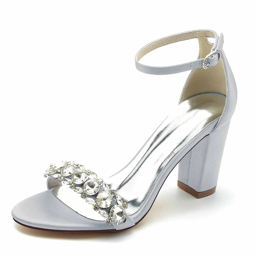 Women's Crystal Beads Chunky Heeled Sandals Satin Pump Prom Sandals