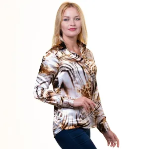 Womens European Slim-Fit Long Sleeve Leopard Button Down Collar Office Formal Casual Shirt Blouse