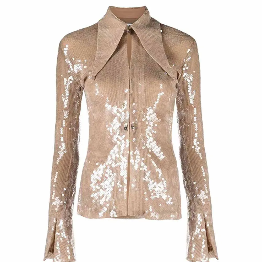 Womens Gold Bling Party Tops Sparkle Outfits Sequin Long Sleeve Blouse Glitter Clubwear Shirt