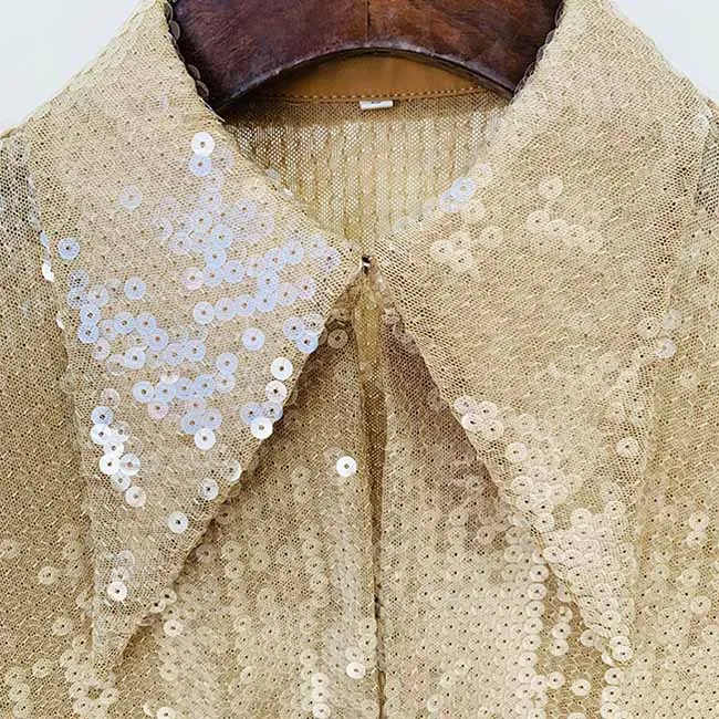 Womens Gold Bling Party Tops Sparkle Outfits Sequin Long Sleeve Blouse Glitter Clubwear Shirt