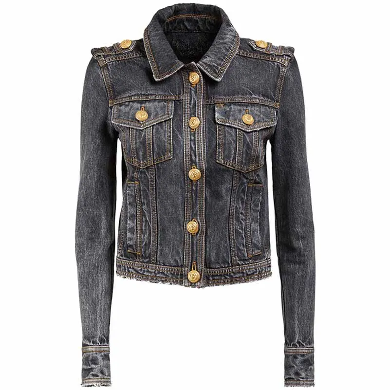Women's Golden Buttons Fitted Denim Fitted Jacket Black Activewear Coat