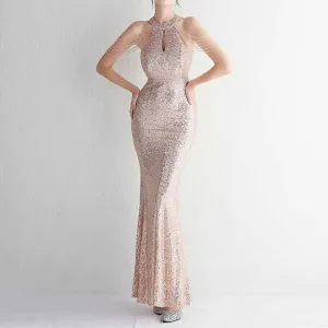 Women's Halter Neck Sequin Cocktail Long Dress Bodycon Mermaid Dress
