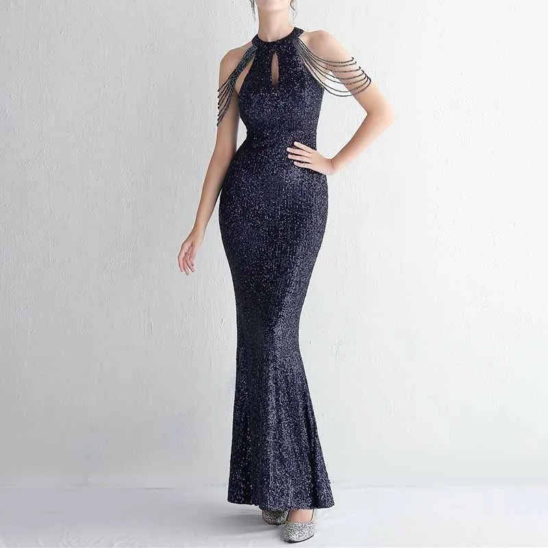 Women's Halter Neck Sequin Cocktail Long Dress Bodycon Mermaid Dress